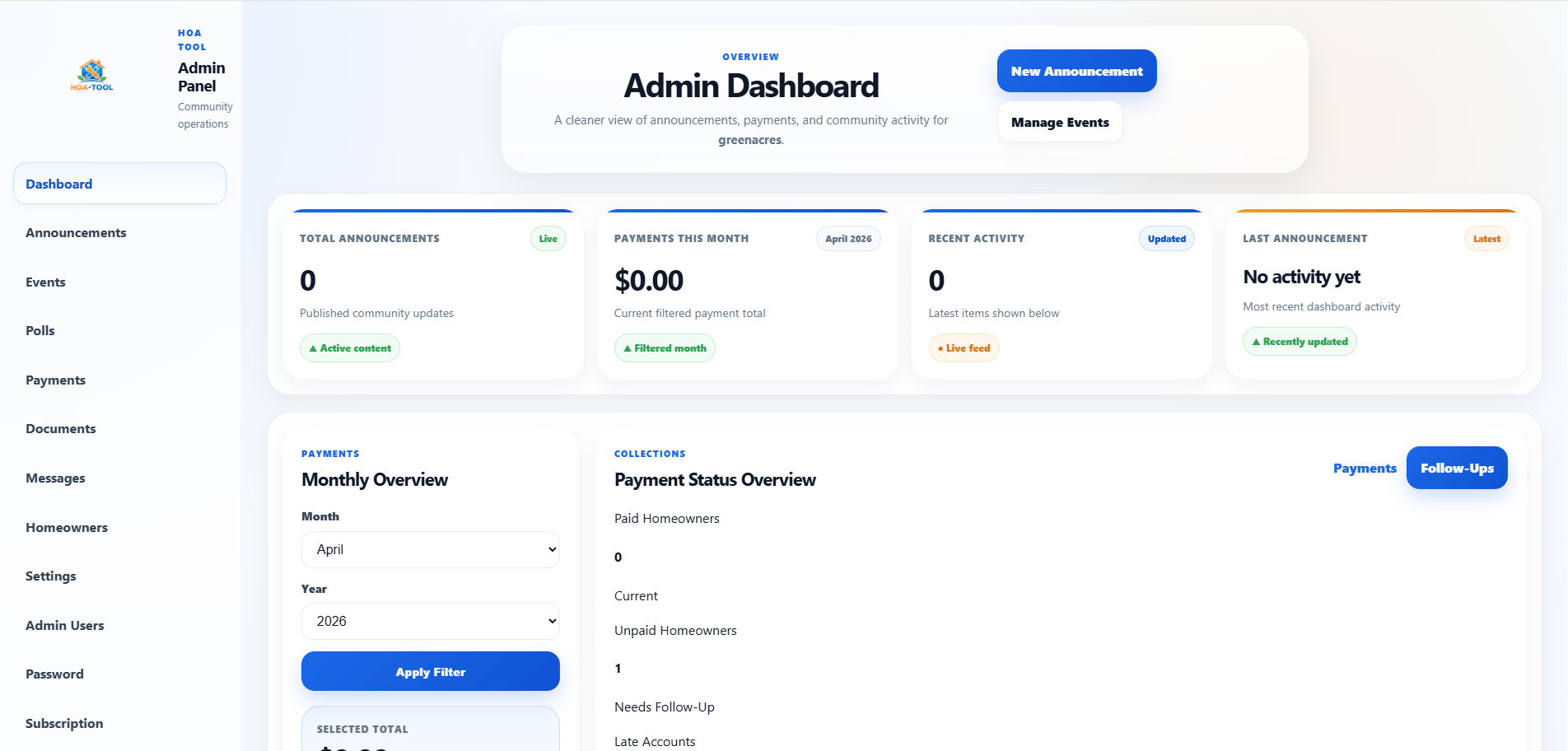 HOA Tool community management dashboard